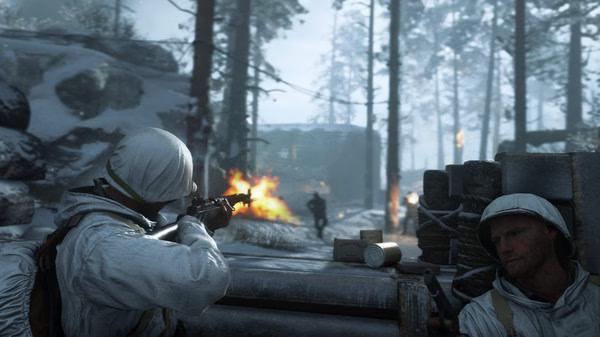 Screenshot from Call of Duty: WWII showing soldiers in white winter gear aiming rifles in a snowy forest setting.