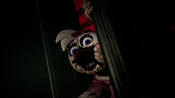 Screenshot from Five Nights at Freddy's: Security Breach showing a damaged animatronic rabbit peeking from behind a dark corner.