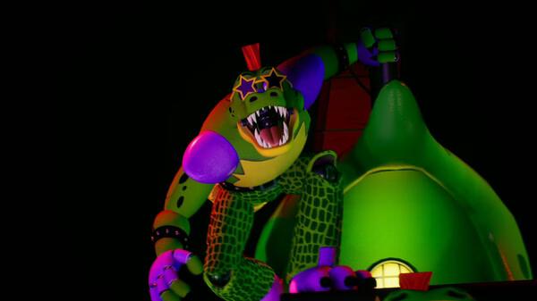 Screenshot from Five Nights at Freddy's: Security Breach showing Montgomery Gator snarling atop a green, glowing structure.