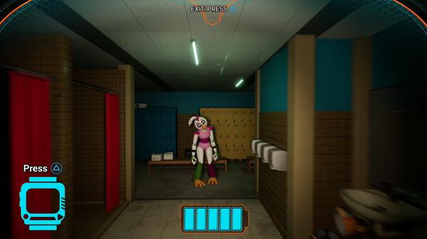 Screenshot from Five Nights at Freddy's: Security Breach showing a brightly lit room with Glamrock Chica standing in the center.
