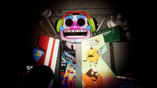 A screenshot from Five Nights at Freddy's: Security Breach showing a colorful arcade machine with a cartoonish robot head.