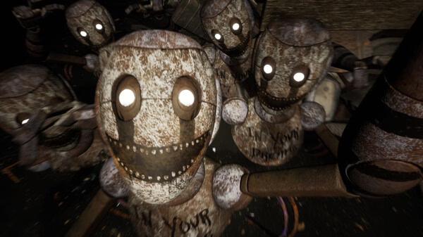 A screenshot from Five Nights at Freddy's: Security Breach showing creepy, rusted animatronic robots with glowing eyes in the dark.