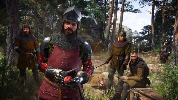 Screenshot from Kingdom Come: Deliverance 2 showing armored knights and soldiers gathered in a forest clearing with a tent.