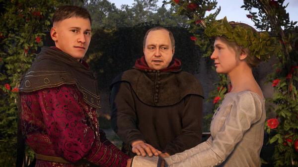 A wedding scene in Kingdom Come: Deliverance 2 screenshot shows three characters holding hands in a garden setting.