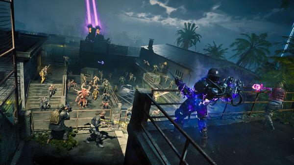 A Call of Duty: Black Ops 6 screenshot showing players fighting a horde of zombies on a rooftop with glowing weapons.