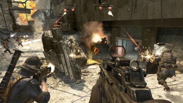 Screenshot from Call of Duty: Black Ops II showing soldiers in combat amid explosions and flying drones in a war-torn city.