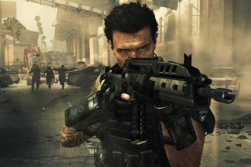 Call of Duty: Black Ops II screenshot featuring a soldier aiming a rifle amidst a war-torn urban landscape.