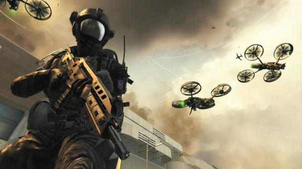 Call of Duty: Black Ops II screenshot featuring a soldier with a futuristic rifle and drones flying over a modern building.