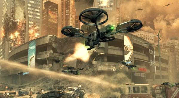 Call of Duty: Black Ops II screenshot featuring drones flying over a cityscape with damaged buildings and smoke in the background.