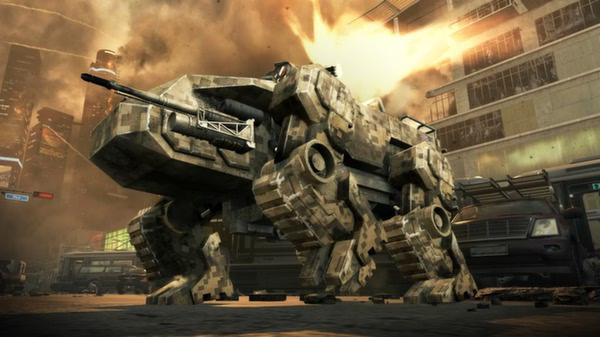 A Call of Duty: Black Ops II screenshot showing a large futuristic tank in an urban battlefield with explosions.