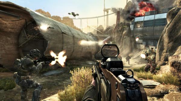 Screenshot from Call of Duty: Black Ops II showing intense combat in a rocky terrain with soldiers firing weapons and drones overhead.