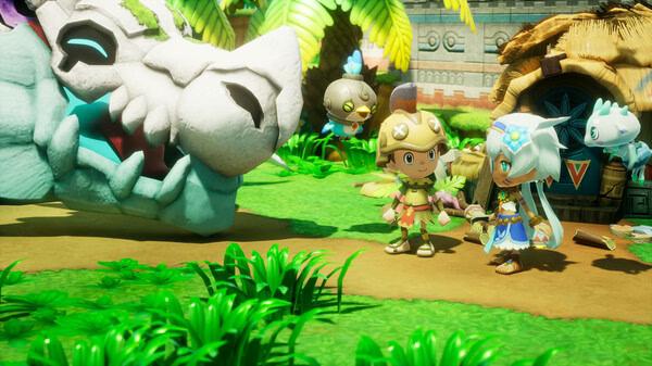 Screenshot of FANTASY LIFE i: The Girl Who Steals Time showing two characters beside a large stone dragon head in a lush, colorful environment.