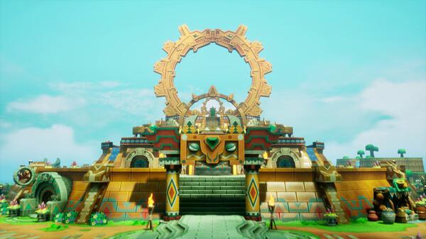 Screenshot from FANTASY LIFE i: The Girl Who Steals Time, showing a colorful, ancient temple with intricate carvings and a large circular arch.
