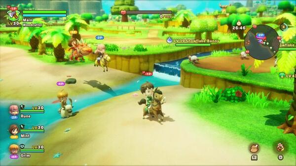 Screenshot from FANTASY LIFE i: The Girl Who Steals Time showing characters exploring a vibrant grassy area with a stream.