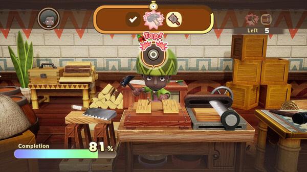 Screenshot from FANTASY LIFE i: The Girl Who Steals Time shows a character in a green outfit crafting wood in a workshop.
