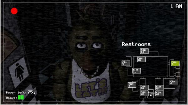 A screenshot from Five Nights at Freddy's showing Chica the animatronic in a dimly lit hallway near the restrooms at 1 AM.