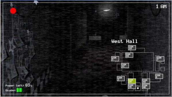 Screenshot from Five Nights at Freddy's showing the West Hall camera view. A map and power usage details are visible on the screen.