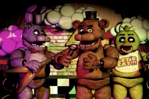 A Five Nights at Freddy's screenshot showing animatronic characters Bonnie, Freddy, and Chica on a colorful stage.