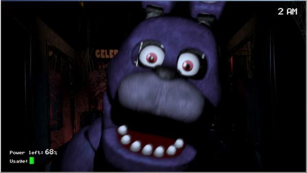 A Five Nights at Freddy's screenshot showing Bonnie the Bunny up close in a dimly lit hallway at 2 AM. Power left: 68%.