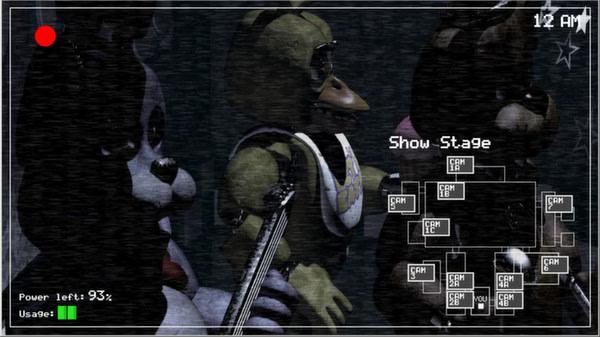 Screenshot from Five Nights at Freddy's showing animatronic characters on the Show Stage and a security camera interface.