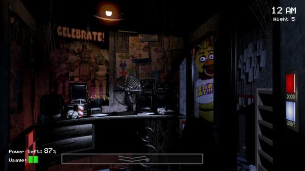 Five Nights at Freddy's screenshot: A dimly lit security office with posters, a fan, and Chica visible on a screen. Night 5 at 12 AM.