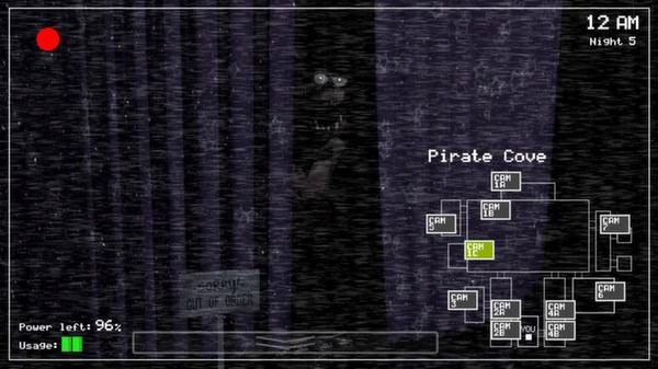 A screenshot from Five Nights at Freddy's showing a dark Pirate Cove with a figure peeking out and a camera map overlay.