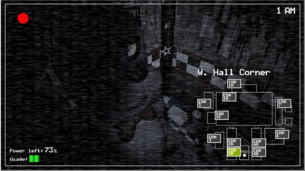 Screenshot of Five Nights at Freddy's showing a dimly lit hallway and security camera map at 1 AM. Power level is at 73%.