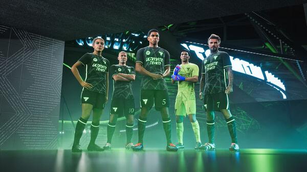 EA SPORTS FC 25 screenshot: Five players in team kits stand confidently in a stadium tunnel with vibrant lighting.