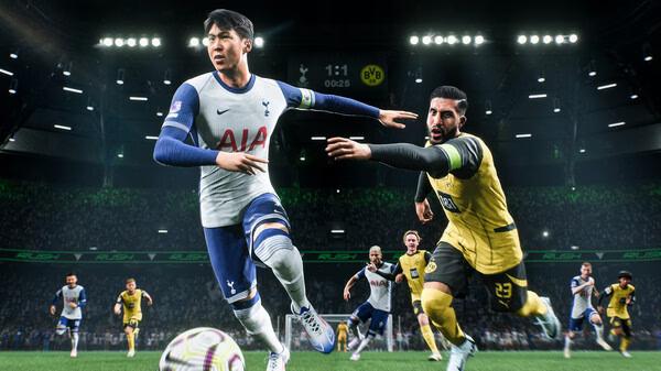 A screenshot from EA SPORTS FC 25 shows a Tottenham player dribbling past a Borussia Dortmund defender in a stadium.