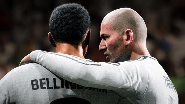 EA SPORTS FC 25 screenshot: Two soccer players in white jerseys embrace on the field, with one player's name visible on the back.