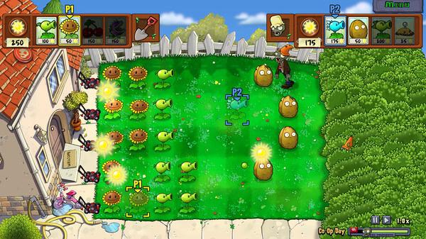 Screenshot from Plants vs. Zombies: Replanted showing plants defending against zombies in a backyard setting.