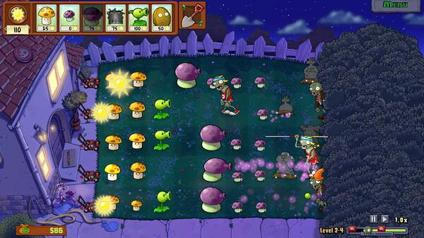 Screenshot of Plants vs. Zombies: Replanted showing a night level with mushrooms, sunflowers, and pea shooters defending against zombies.