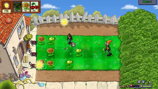 Screenshot from Plants vs. Zombies: Replanted showing sunflowers and pea shooters defending a lawn against a zombie.
