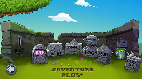 Screenshot from Plants vs. Zombies: Replanted showing the Adventure Plus+ menu with gravestones for different game levels.