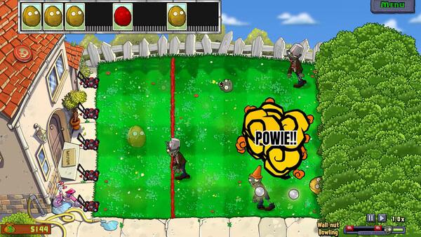 Plants vs. Zombies: Replanted screenshot showing zombies advancing on a lawn with explosive plants defending the house.