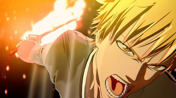Screenshot of BLEACH Rebirth of Souls showing a character with yellow hair wielding a flaming sword in an intense action scene.