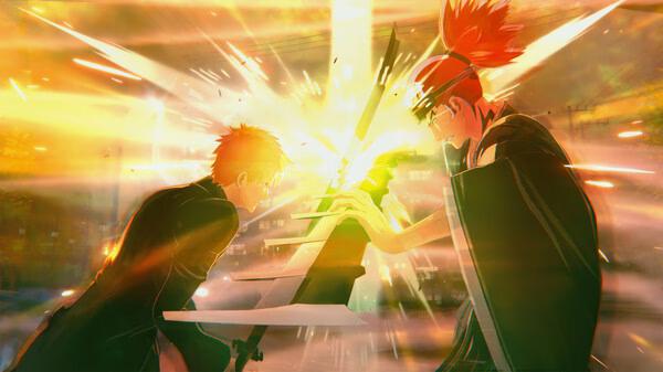 Screenshot of BLEACH Rebirth of Souls showing two characters clashing swords in a dynamic, glowing battle scene.