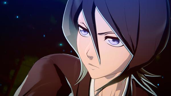 Screenshot from BLEACH Rebirth of Souls featuring a focused character with short black hair and intense purple eyes against a dark background.