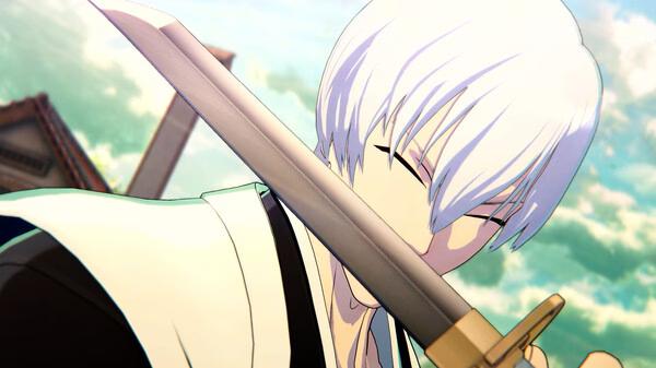 Screenshot from BLEACH Rebirth of Souls showing a character with white hair holding a sword against a vibrant sky backdrop.