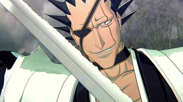 Screenshot from BLEACH Rebirth of Souls featuring a character with spiky hair and a sword, wearing a white and black robe.
