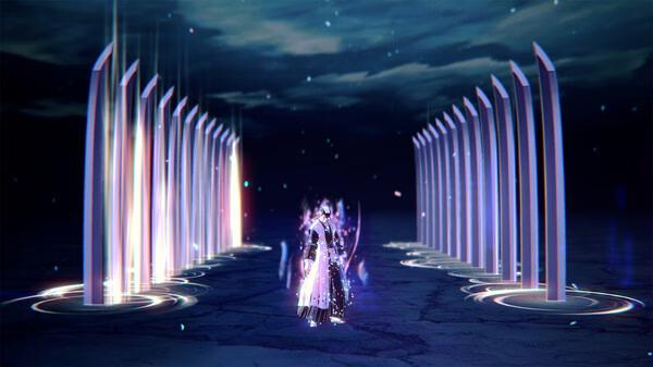 Screenshot from BLEACH Rebirth of Souls showing a character standing between two glowing rows of vertical pillars in a dark atmosphere.