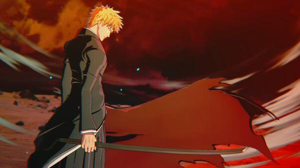 Screenshot from BLEACH Rebirth of Souls showing a character with a sword against a dramatic red and black swirling background.