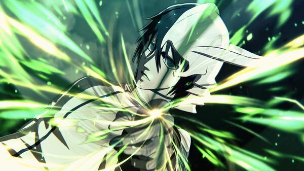 Screenshot from BLEACH Rebirth of Souls showing a character surrounded by vibrant green energy in an intense battle moment.