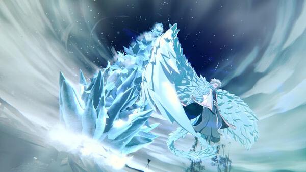 Screenshot from BLEACH Rebirth of Souls featuring a character in white robes summoning an ice dragon under a swirling sky.