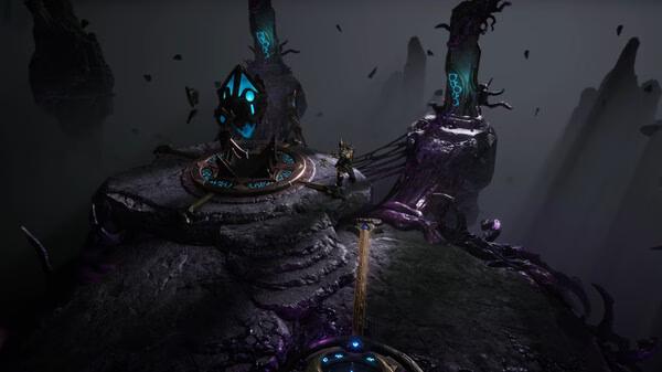 Screenshot of Last Epoch game showing a character near a glowing obelisk on a dark, mystical platform.