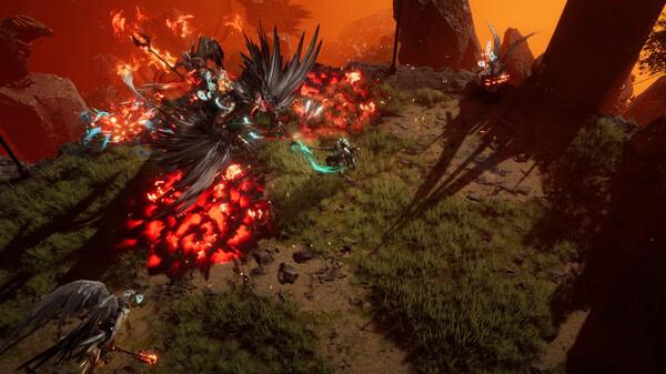 Screenshot from Last Epoch showing a battle scene with characters fighting amidst fiery effects on a grassy terrain.