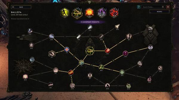 A Last Epoch screenshot showing the Ballista skill tree with various nodes, connections, and three unspent points highlighted.