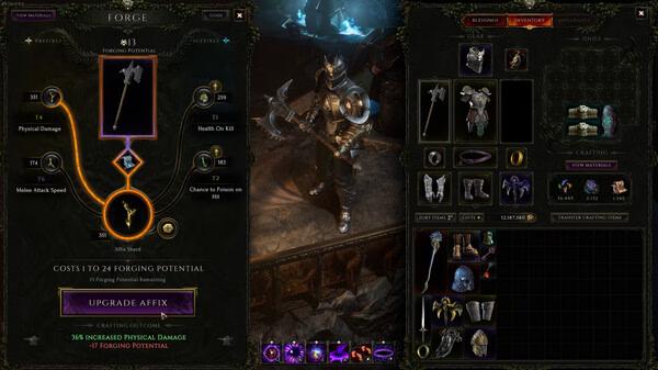 Screenshot from Last Epoch showing a character in armor holding a large axe, with inventory and crafting options visible.