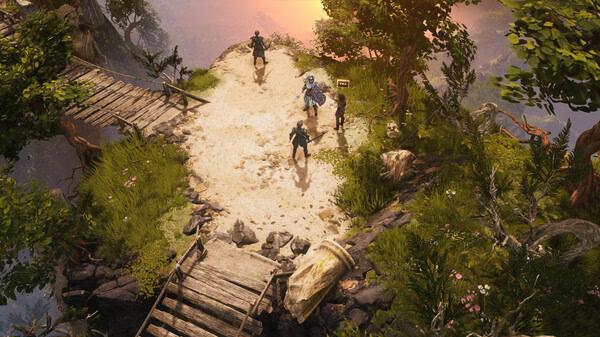 A screenshot from Last Epoch showing four characters on a cliff surrounded by lush greenery and a wooden bridge.