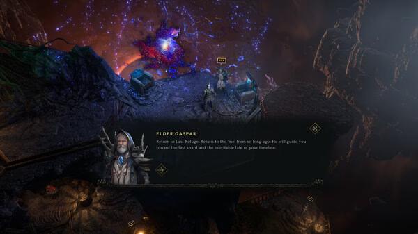 Screenshot from Last Epoch: Elder Gaspar stands on a rocky ledge, speaking to the player with glowing crystals in the background.